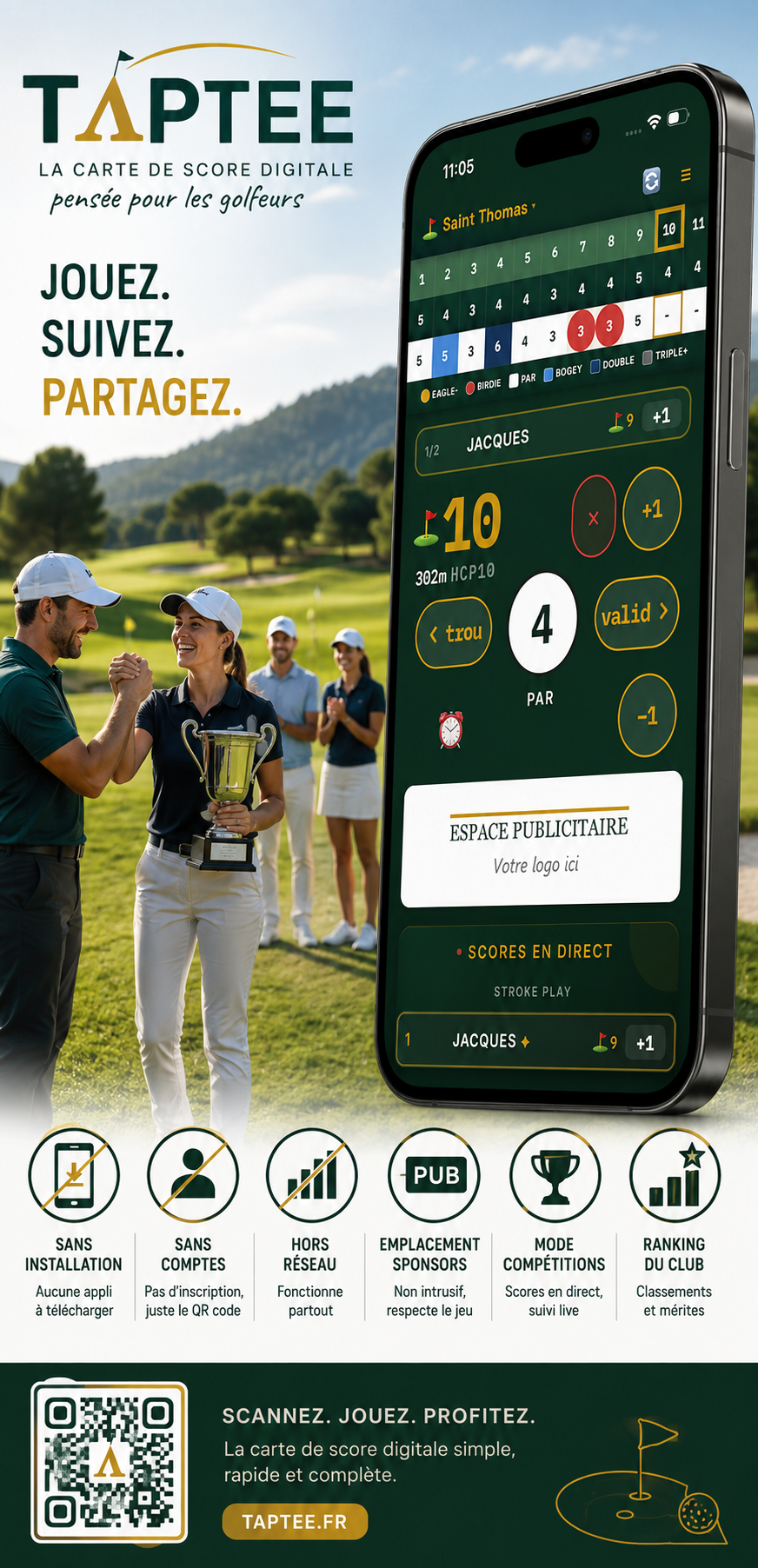 TapTee en partie au Golf de Saint-Clair : saisie du score trou par trou sur téléphone